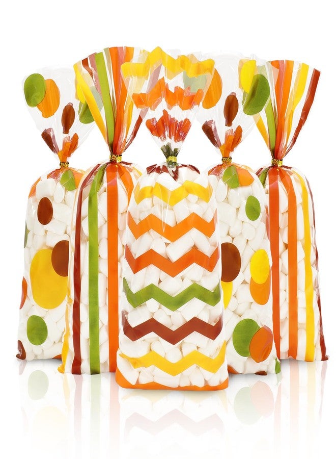 وولاين مجموعة Whaline من 100 كيس هدايا سيلوفان لعيد الشكر، بألوان زاهية ومخططة ومنقطة، مصنوعة من البلاستيك، مع أربطة لولبية، مثالية لتغليف الحلويات والوجبات الخفيفة في حفلات عيد الشكر الخريفية. - Image 1